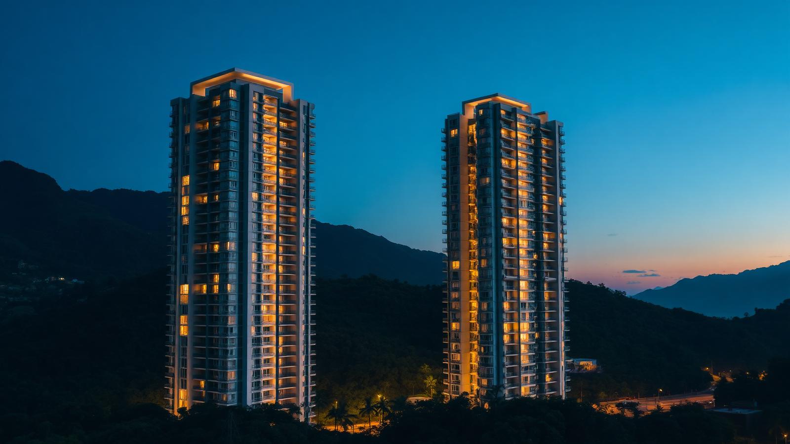Torres residenciales modernas en Envigado, Antioquia, al atardecer