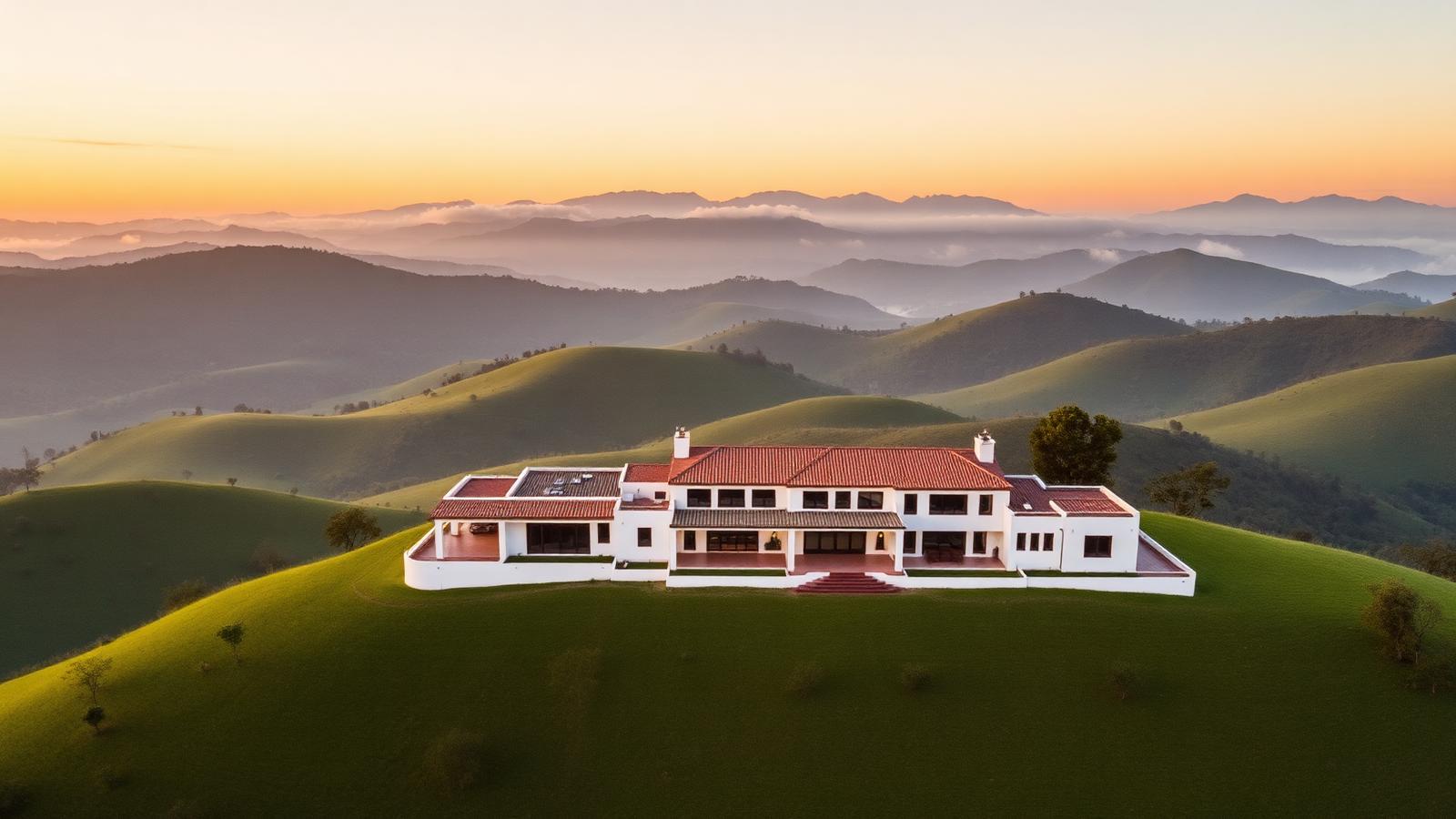 Finca de lujo en el Oriente Antioqueño al atardecer entre montañas verdes